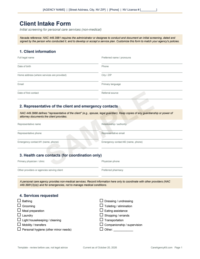 Sample page: Client Intake Form, first page with client information fields