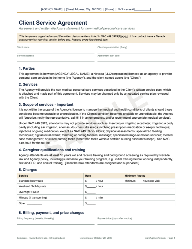Sample page: Client Service Agreement, first page with parties and scope sections
