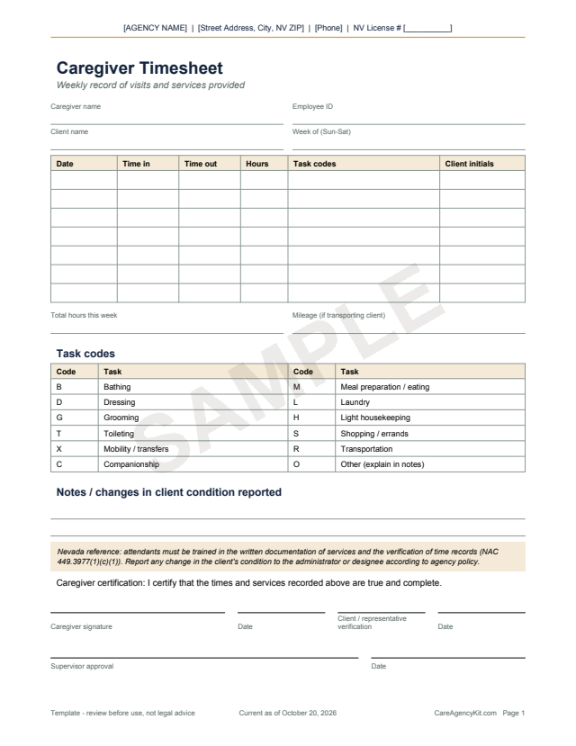 Sample page: Caregiver Timesheet weekly table with task codes