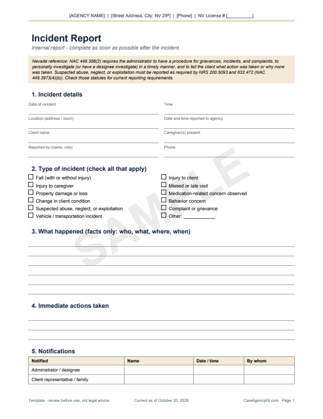 Sample page: Incident Report, incident details and type checklist