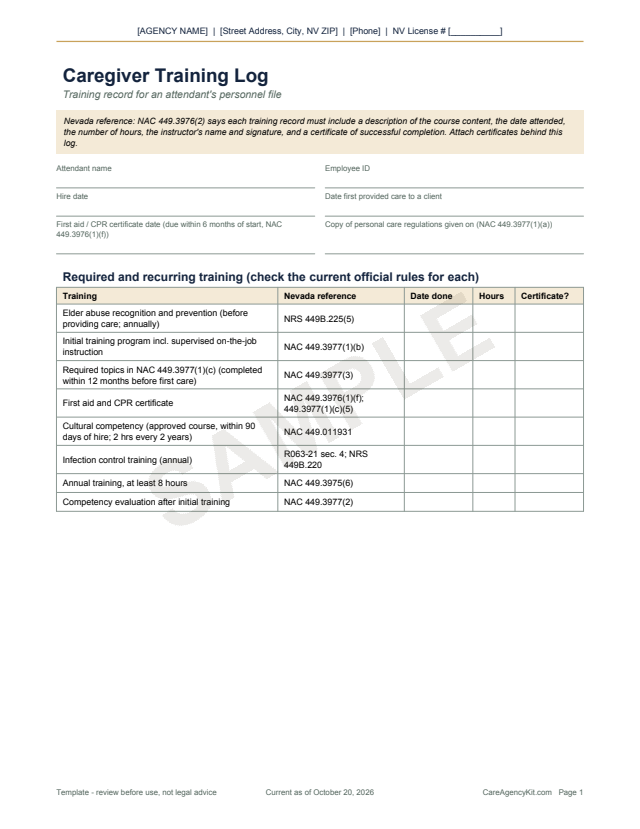 Sample page: Caregiver Training Log with required training tracker