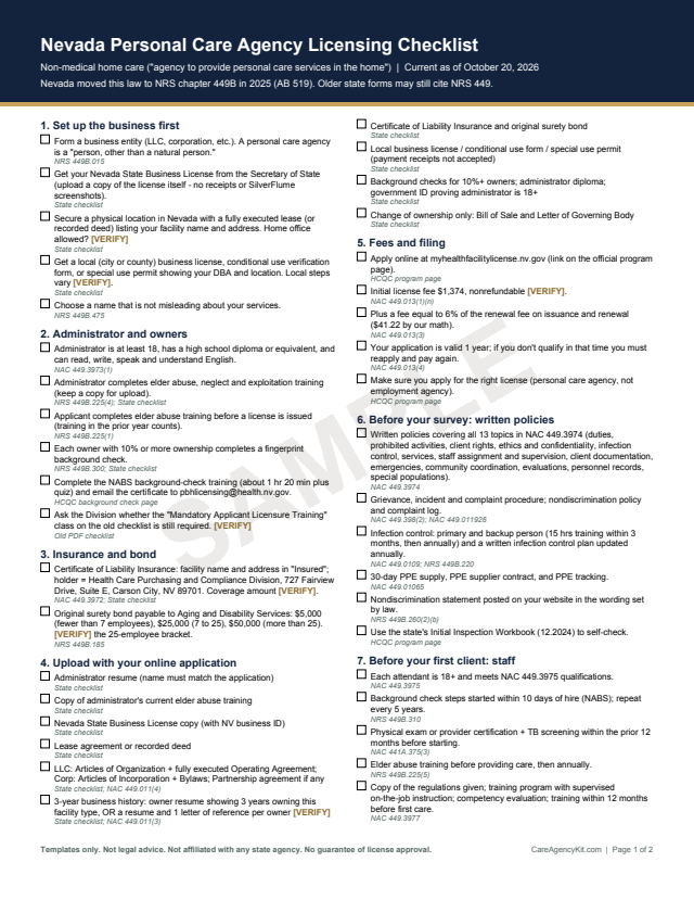 Preview of page 1 of the Nevada licensing checklist PDF
